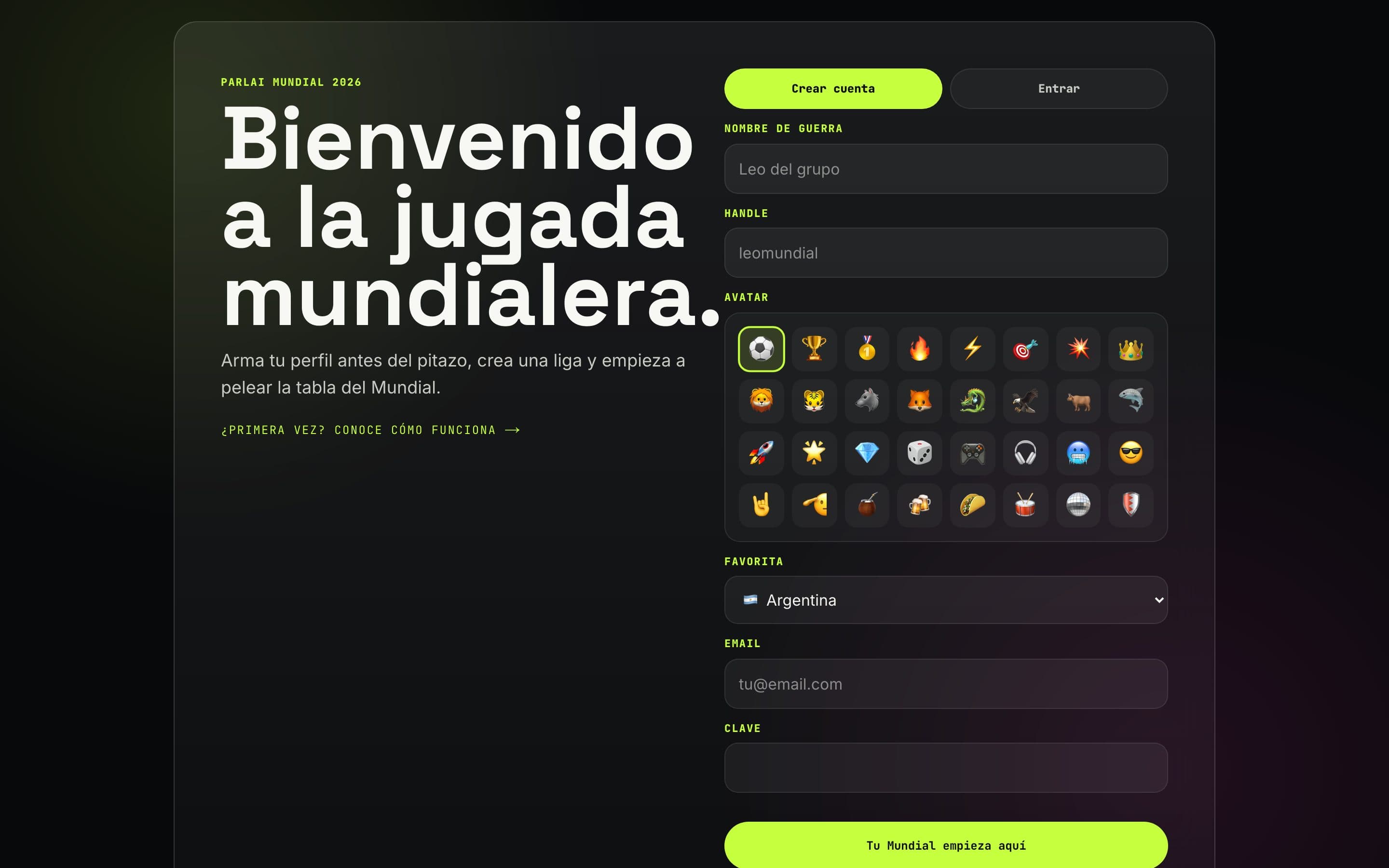 Pantalla de registro de Parlai Mundial
